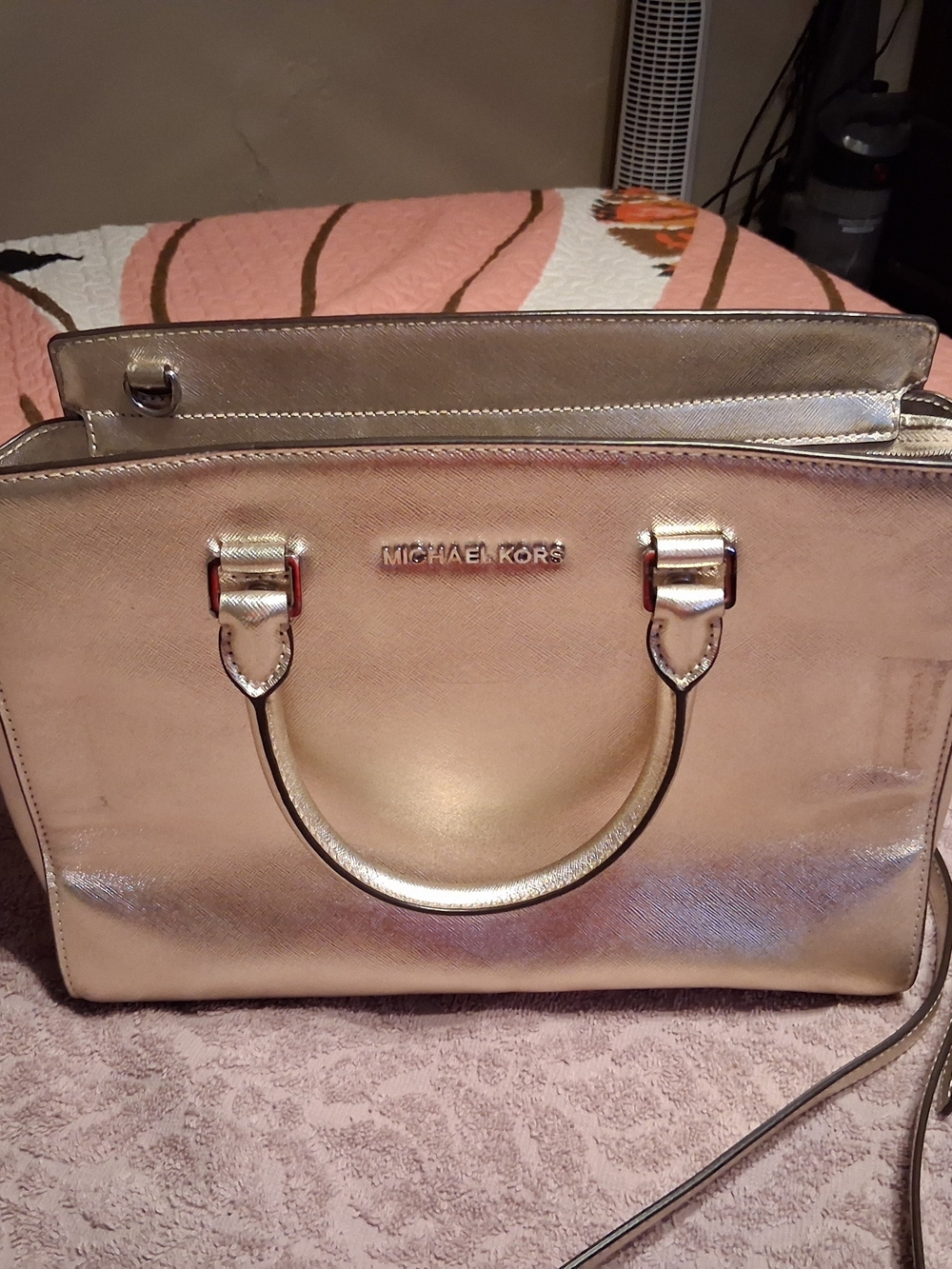MICHAEL KORS Metallic Rose Gold Saffiano Satchel